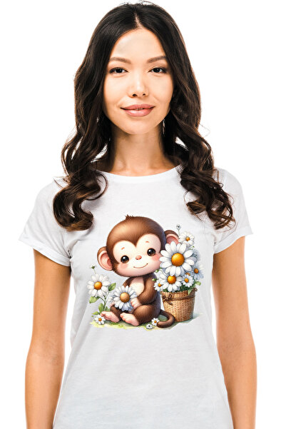 StoryGift Romania Tricou Femei Cu O Maimutica Vesela Care Tine O Floare, Flor...