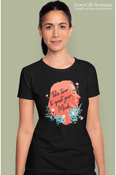 StoryGift Romania Women's T-Shirt With Self Love, Orange Hair Girl Portrait, Take Time To Quiet Your BLK_L,STG61454
