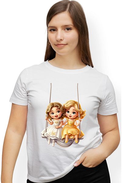 StoryGift Romania Tricou Femei Cu 2 Fetite Dragalase Care Se Dau In Leagan, Ilustratie, Printese, Wht_l