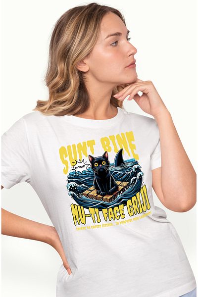 StoryGift Romania Tricou Femei Sunt Bine Nu-ti Face Griji, Blocaj Emotional Pisica Motan In Mare C Wht_m