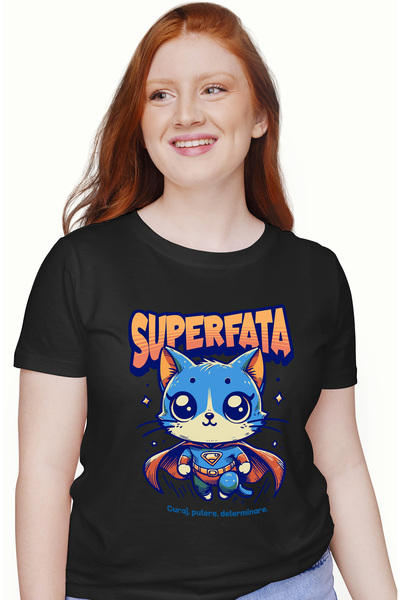 StoryGift Romania Tricou Femei Super Fata, Supererou, Pisica Zburand, Cu Impr...