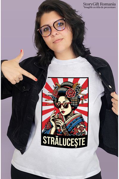 StoryGift Romania Tricou Femei Strluceste femeie stil japonez asiatic bautura cu imprimeu pe Fata, WHT_L