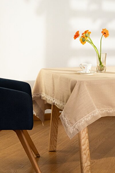 Dantelux Margherita Masa Örtüsü - Papatya Detay Dantelli Keten Masa Örtüsü