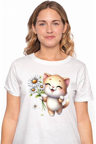 StoryGift Romania Tricou Femei Cu O Pisicuta Vesela Care Tine Un Buchet Cu Fl...