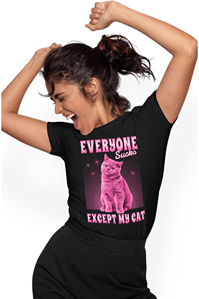StoryGift Romania Tricou Femei Cu Pisica Roz Text In Engleza Everyone Su**s E...