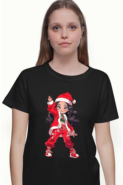 StoryGift Romania Tricou Femei Cu O Fata Craciunita Imbracata Modern, Ilustratie, Par Lung, Zambet Blk_m