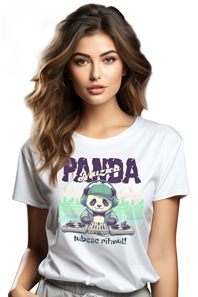 StoryGift Romania Tricou Femei Urs Panda Dj Iubesc Ritmul Muzica Cu Imprimeu Pe Fata, 100% Bumbac, Wht_l