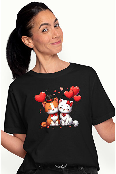 StoryGift Romania Tricou Femei Cu 2 Pisicute Vesele, Baloane In Forma De Inim...