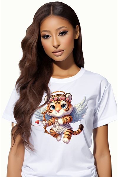 StoryGift Romania Women's T-shirt with a tiger cub Cupid, illustration, archery, crown in WHT_L,STG51632