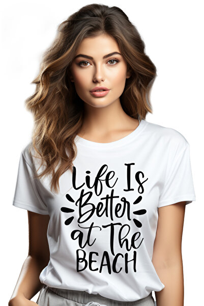 StoryGift Romania Tricou Femei cu textul in engleza "Life is better at the beach" - viata e mai bu WHT_L,STG54253