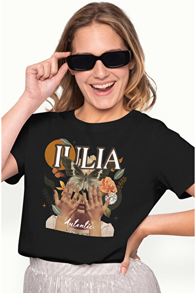 StoryGift Romania Tricou Femei Cu Numele Iulia, Colaj Fata, Fluture, Flori, C...