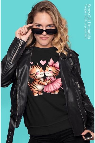 StoryGift Romania Women's T-shirt with 2 tigers, illustration, closeness, friendship, affection, dress, in BLK_L