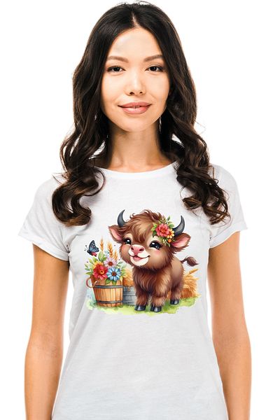 StoryGift Romania Women's T-shirt with a cheerful, small female bison, illustration, wheat, flowers, bucket WHT_L,STG51966