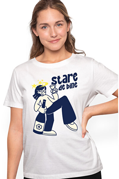 StoryGift Romania Tricou Femei Stare De Bine Fata Cu Sticla De Alcool Cu Imprimeu Pe Fata, 100% Bu Wht_l