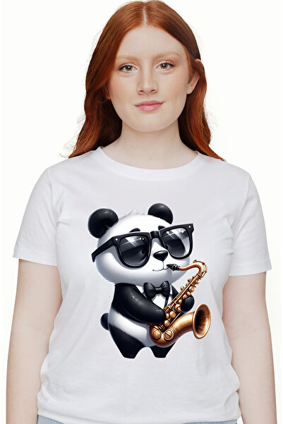 StoryGift Romania Tricou Femei cu un urs Panda care canta la saxofon, ilustra...