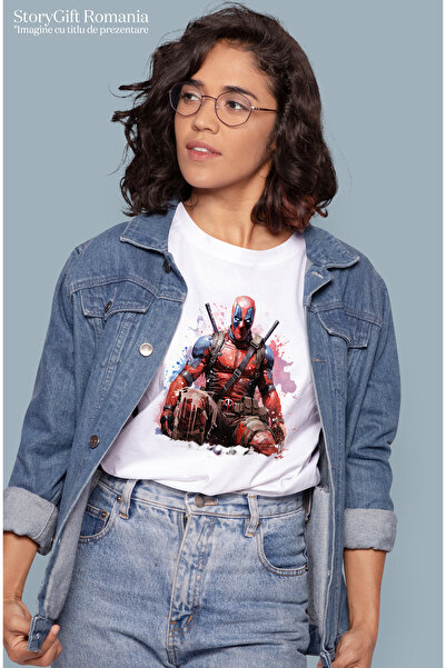 StoryGift Romania Tricou Femei Cu Deadpool, Sabii, Marvel, Personaj, Wade Wilson, Stropi De Vopsea Wht_m
