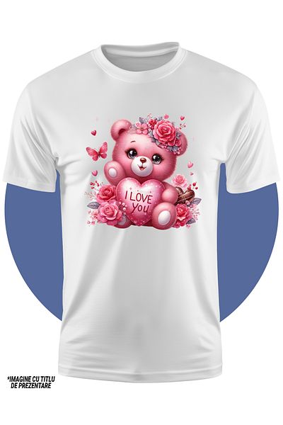 StoryGift Romania Tricou Copii Cu O Ursoaica De Plus Care Tine O Inima Cu Mesajul "i Love You", Ilustratie,