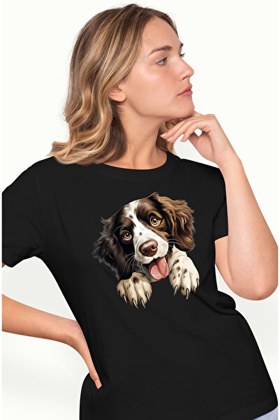 StoryGift Romania Tricou Femei Cu Un Catel Jucaus Care Priveste Curios, Ilust...