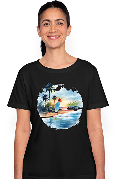 StoryGift Romania Tricou Femei Cu O Plaja, Ilustratie, Placa De Surf, Vacanta...