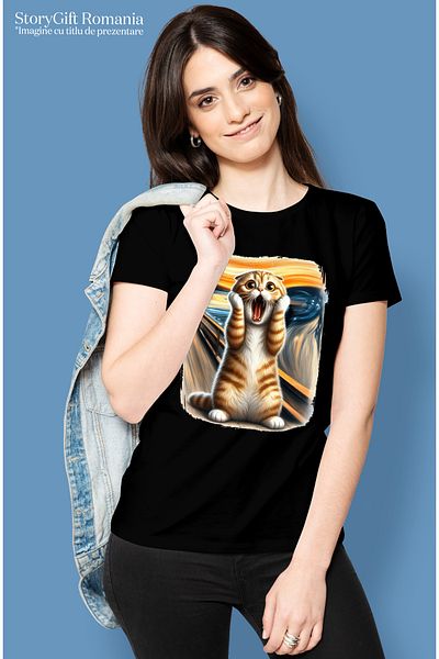 StoryGift Romania Tricou Femei Cu O Pisica Socata, Ilustratie, Speriata, Mirata, Uimita, Pictura C Blk_l