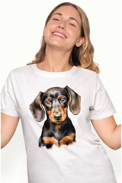 StoryGift Romania Tricou Femei Cu Un Catel Dachshund Curios, Ilustratie, Pentru Iubitorii De Caini Wht_l