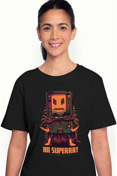 StoryGift Romania Women's T-Shirt With Childhood Video Game Controller With Superhero Cape, Text Po BLK_L,STG59842