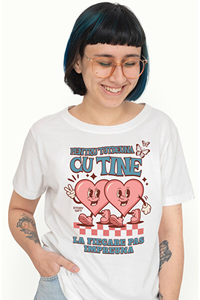 StoryGift Romania Tricou Femei Inimi Fericite Cuplu La Fiecare Pas Impreuna C...
