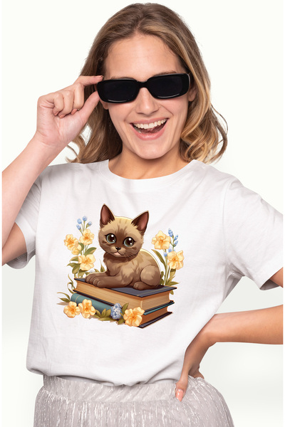 StoryGift Romania Tricou Femei Cu O Pisicuta Care Sta Pe 2 Carti, Ilustratie,...