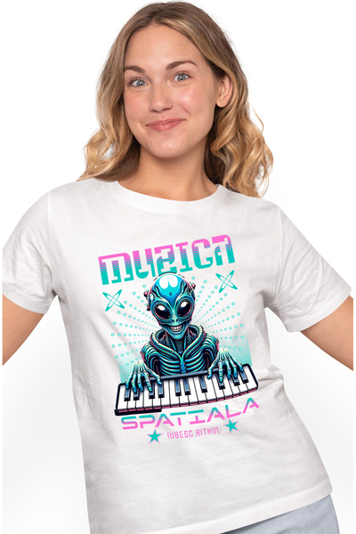 StoryGift Romania Tricou Femei Extraterestru La Clape, Muzica Spatiala, Iubes...
