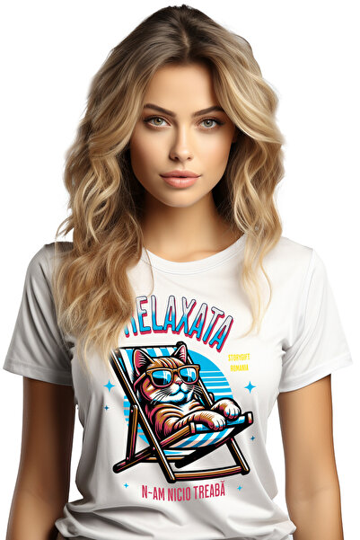 StoryGift Romania Tricou Femei Pisica Cu Ochelari De Soare Relaxata Pe Sezlon...