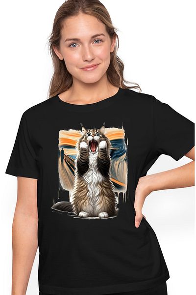 StoryGift Romania Tricou Femei Cu O Pisica Socata, Speriata, Ilustratie, Pictura Celebra, Apa, Mar Blk_m