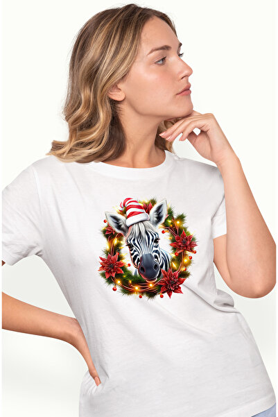 StoryGift Romania Tricou Femei Cu O Zebra Cu Caciula De Craciun, Ilustratie, Vasc, Plante, Luminit Wht_l