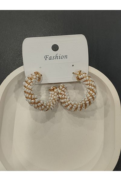 Bijutek Bijouterie Gold Color Stone - Beaded and Pearl Patterned Metal Women's Earrings