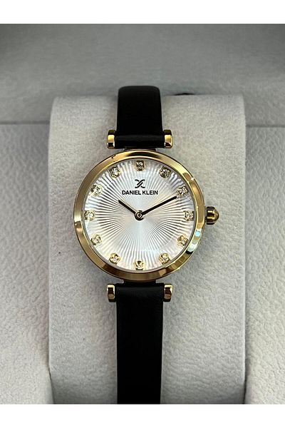 Daniel Klein New Model White Dial Black Leather Band Gold Cutout Glass Women's Wristwatch