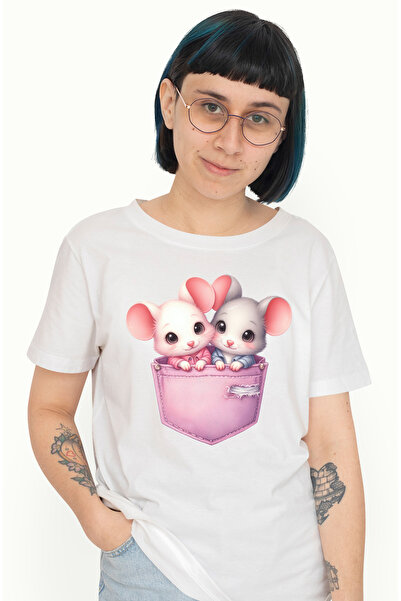 StoryGift Romania Tricou Femei Cu 2 Soricei Care Stau Intr-un Buzunar, Ilustr...