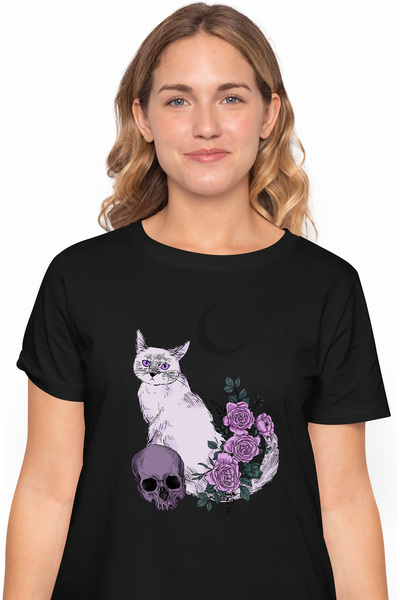 StoryGift Romania Tricou Femei Cu Pisica Macabra, Ilustratie, Semiluna, Crani...