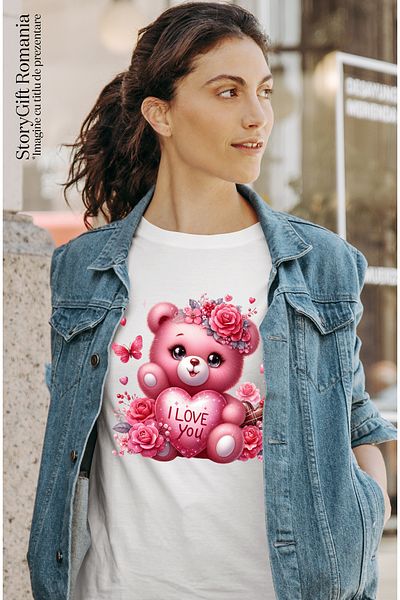 StoryGift Romania Tricou Femei Cu O Ursoaica De Plus Care Tine O Inima Cu Mesajul "i Love You", Il Wht_l
