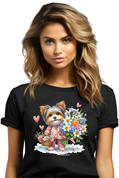 StoryGift Romania Tricou Femei Cu Un Catel Blanos Care Tine Un Buchet Cu Flor...