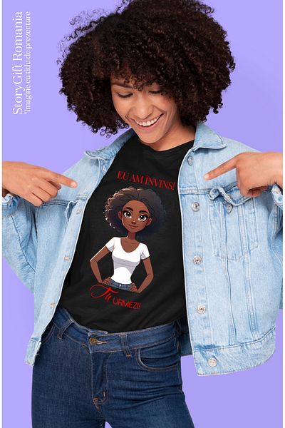 StoryGift Romania Tricou Femei Mesaj Motivational Fata Afro Eu Am Invins Tu Urmezi Cu Imprimeu Pe Blk_l