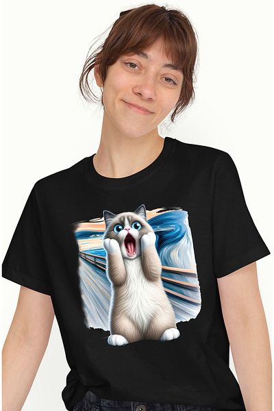 StoryGift Romania Tricou Femei Cu O Pisica Socata, Ilustratie, Uimita, Speriata, Pictura Celebra, Blk_l