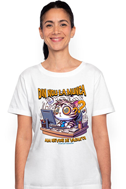 StoryGift Romania Tricou Femei Din Nou La Munca Pisica La Birou Work From Hom...
