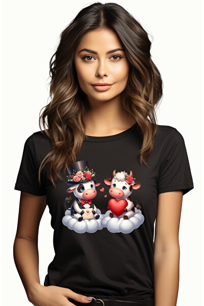 StoryGift Romania Tricou Femei Cu O Vacuta Si Un Taur Care Stau Pe Nori, Ilus...