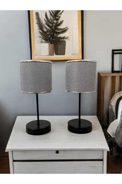 flu aydınlatma Abajur 2’li Gri Kumaş Gümüş Şerit Siyah Ayak Salon Yatak Odası Elektrikli Masa Lambası 5985AB
