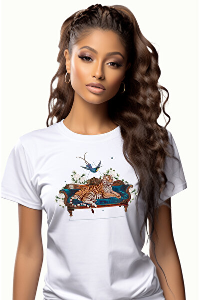 StoryGift Romania Tricou Femei Tigru, Tricou Femeipea, Pasare, Floare, Triung...