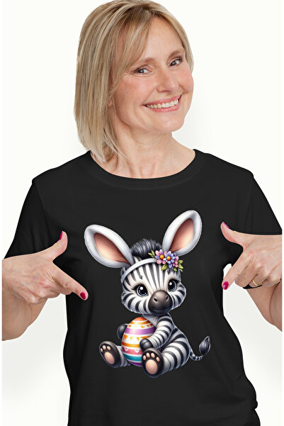 StoryGift Romania Tricou Femei Cu O Micuta Zebra, Ilustratie, Ou Vopsit, Urechi De Iepuras, Floric Blk_l