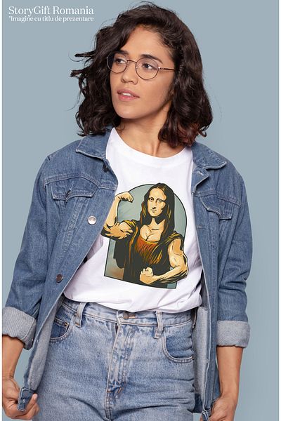StoryGift Romania Women's Personalized T-Shirt Monalisa, Bodybuilder, Reinterpreted Leonardo da Vinci WHT_L