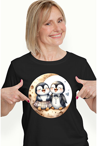 StoryGift Romania Tricou Femei Cu 2 Pinguini, Ilustratie, Inimioare, Bucurie,...