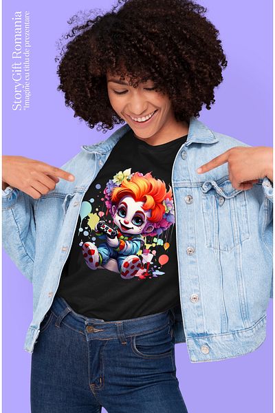 StoryGift Romania Women's T-shirt with a clown boy, illustration, color spots, holding a control BLK_L, STG58031