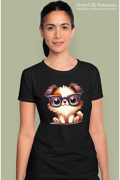 StoryGift Romania Women t-shirt with a tiger cub with bunny ears, illustration, dyed egg, juc BLK_L