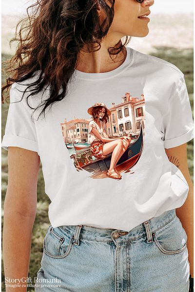 StoryGift Romania Tricou Femei Cu O Fata Intr-o Barca, Calatorie, Ilustratie, Venetia, Apa, Excurs Wht_m